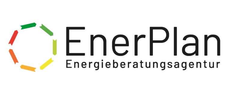 Logo von EnerPlan, dynamisches, sechseckiges Symbol in Grün, Rot, Gelb und Orange, Schriftzug 'EnerPlan Energieberatungsagentur' für Energieberatung in Baden-Württemberg